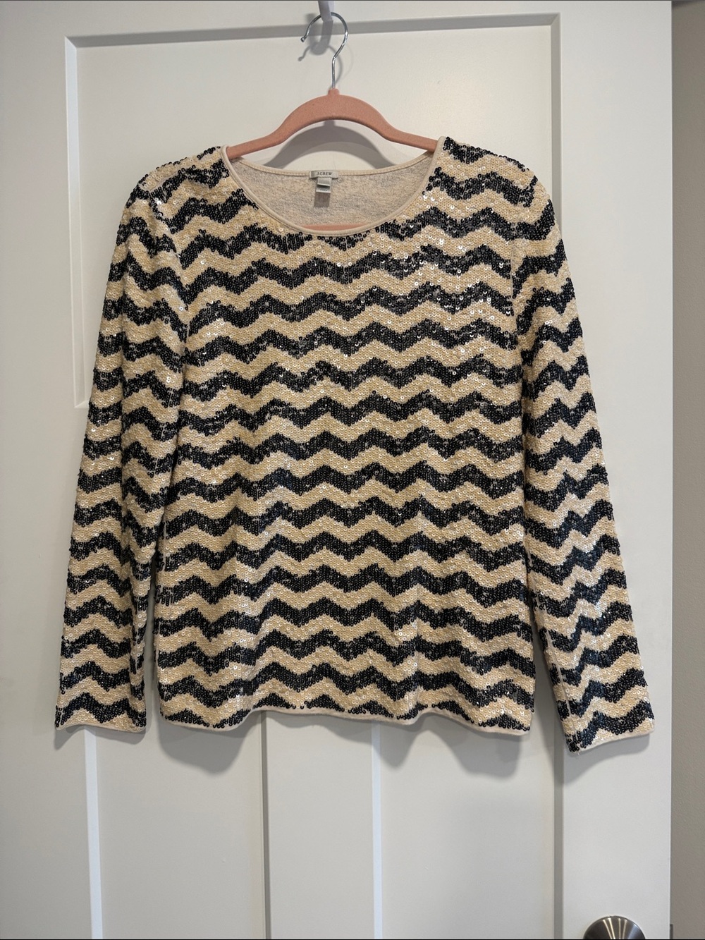 J.Crew Sequin Chevron Stripe Sweater Black Cream Long Sleeve M